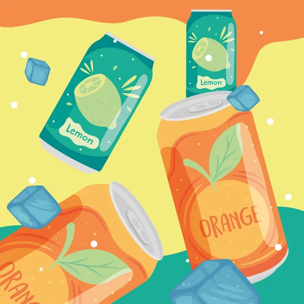 Latas de refrescos de naranja y limón con diseño de vectores de cubitos de hielo — Vector de stock