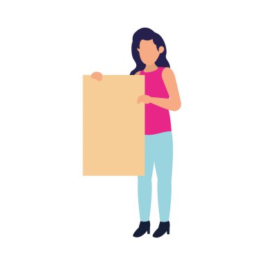 Karikatür kadın protesto pankartı tutuyor, renkli tasarım.