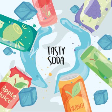 Buz küpleri vektör tasarımlı lezzetli soda kutuları.