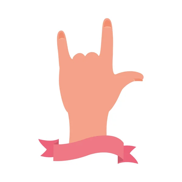 लड़की पावर डिजाइन, रॉक प्रतीक इशारा और गुलाबी रिबन के साथ हाथ, फ्लैट शैली — स्टॉक वेक्टर