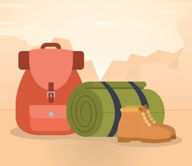 seyahat çantası, uyku paspası rulo ve botlar, renkli tasarım