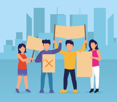 Karikatür insanları pankartlarla protesto ediyor. Renkli tasarım.