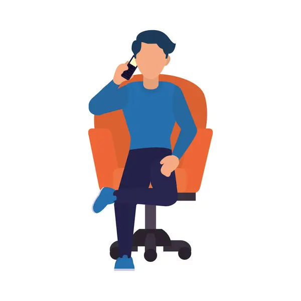 Hombre de dibujos animados con un teléfono celular y sentado en una silla de escritorio naranja, de estilo plano — Vector de stock