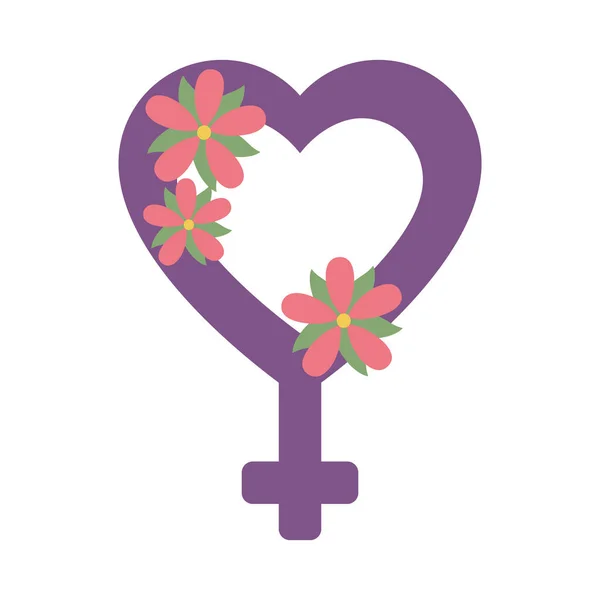 Symbol ženského pohlaví ve tvaru srdce s květinami, plochý styl — Stockový vektor