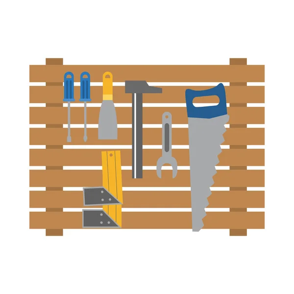 Soporte de madera con herramientas de construcción, estilo plano — Vector de stock