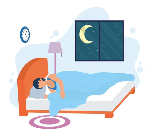 Kamar tidur dengan pria tidur di tempat tidur, gaya datar - Stok Vektor