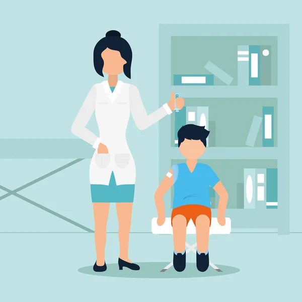 Cartoon vrouw met een injectiespuit en kind zittend met lijmverband voor het vaccin — Stockvector