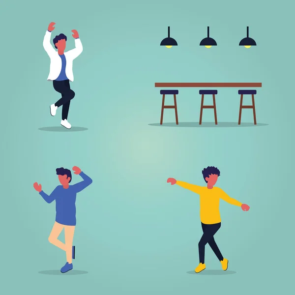 Καρτούν άνδρες χορό και ντίσκο μπαρ, πολύχρωμο σχεδιασμό — Διανυσματικό Αρχείο