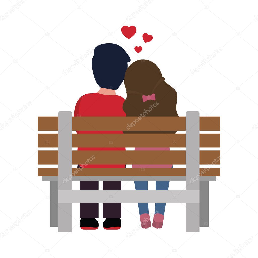 Valentines day concept, couple in love sitting on a bench, flat style