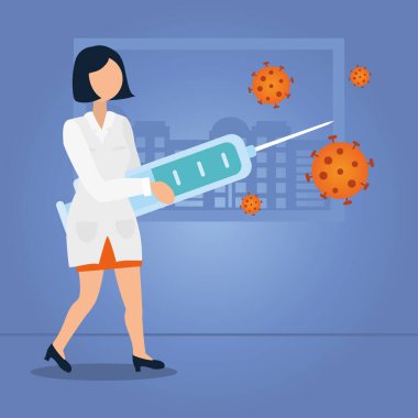 Çizgi filmdeki kadın elinde şırıngayla virüse karşı savunma yapıyor.