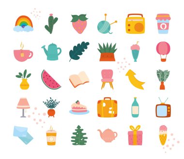 gökkuşağı ve el çizimi simgeler, renkli tasarım