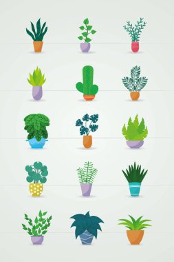 Çömlek ikonu setindeki güzel bitkiler, renkli tasarım.