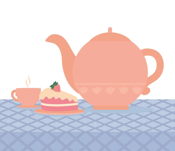 Table with tea pot and cake piece hand drawn design — Stock Vector