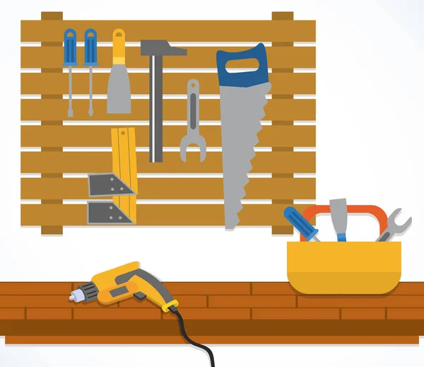 Support en bois avec outils et perceuse, style plat — Image vectorielle