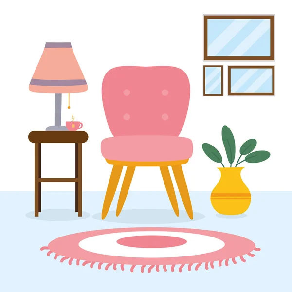 Рука намальована концепція, вітальня мальовнича з рожевим стільцем і пов'язаними іконками навколо, барвистий дизайн — стоковий вектор