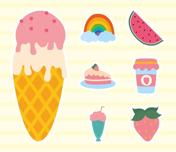 Cono de helado y conjunto de iconos dibujados a mano, diseño colorido — Archivo Imágenes Vectoriales