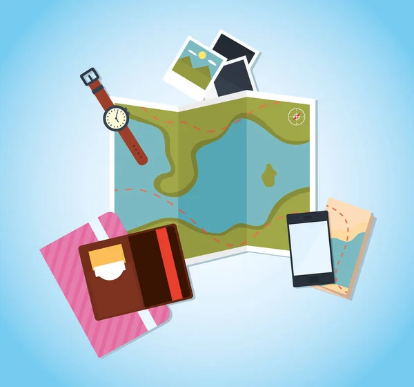 Reiskaart en bijbehorende pictogrammen rond, kleurrijk ontwerp — Stockvector