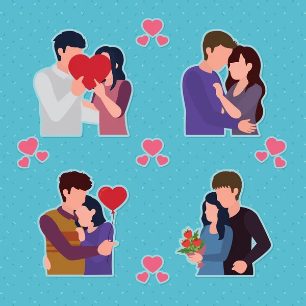 Concepto de San Valentín, conjunto de iconos de parejas enamoradas, estilo plano — Vector de stock