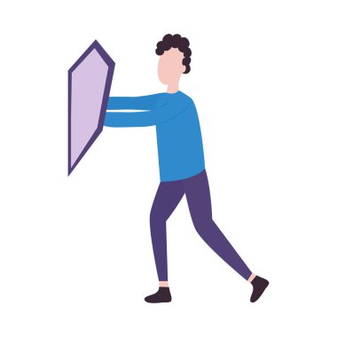 Adam kendini renkli bir tasarımı olan bir kalkandan koruyor.