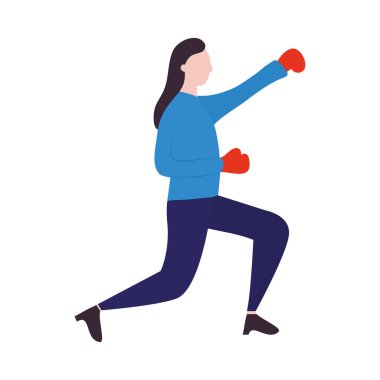 Çizgi filmdeki kadın boks eldivenleriyle dövüşüyor. Renkli tasarım.