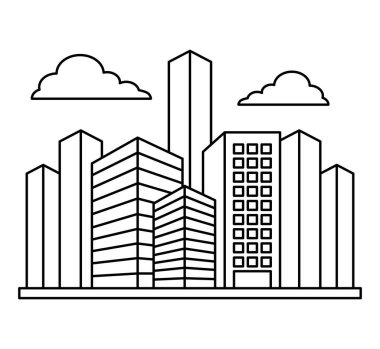 Şehir binaları ve bulut tasarımı, çizgi tarzı