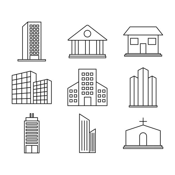 Edificios de negocios y edificios de la ciudad icono conjunto, estilo de línea — Vector de stock