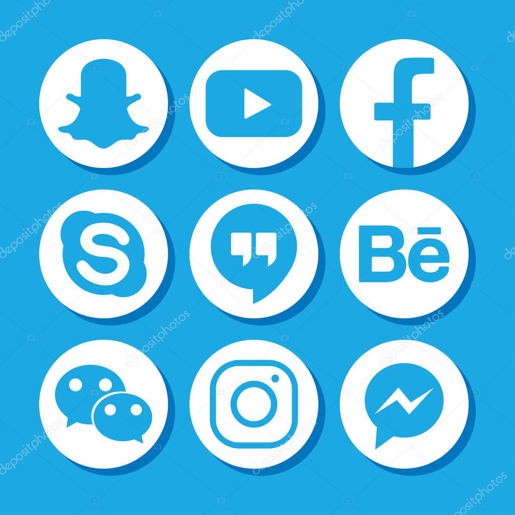 Social media logo symbols icon set over blue background, silhouette design, vector illustration