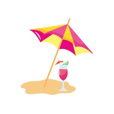 Plaj şemsiyesi ve kumda kokteyl, düz stil.