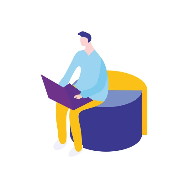 Uomo dei cartoni animati utilizzando un computer portatile seduto sulla sedia rotonda, in stile piatto — Vettoriale Stock