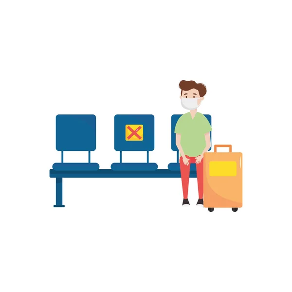 Resenär man med resväska att hålla ett socialt avstånd på säten, platt stil — Stock vektor