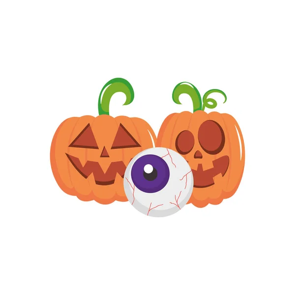 Calabazas de Halloween de dibujos animados y el icono del ojo, de estilo plano — Vector de stock