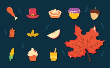 Şükran Günü simgesi seti, düz stil