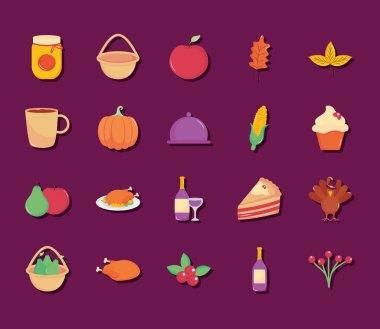 Şükran Günü ve mısır ikonu seti, düz stil.