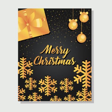 Altın kar taneleri, hediye kutusu ve noel baloları olan siyah zarif kart tasarımı.