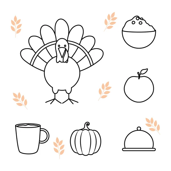Turkey and thanksgiving icon set, line style — Stock Vector