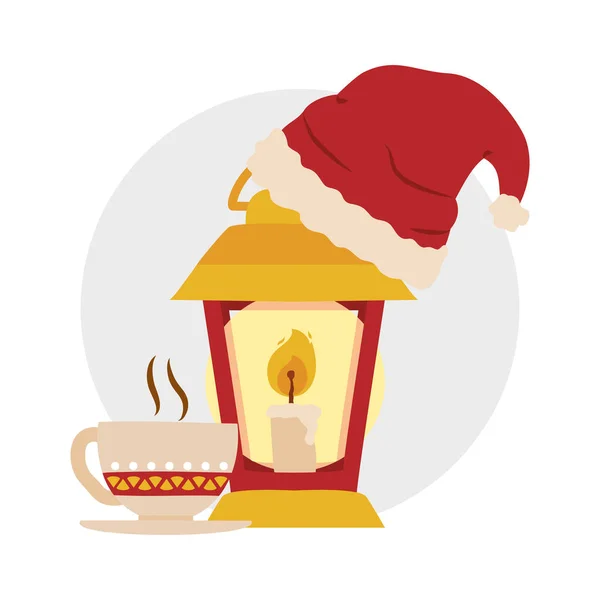 Tasse de café et lanterne avec chapeau de Noël, à la main — Image vectorielle