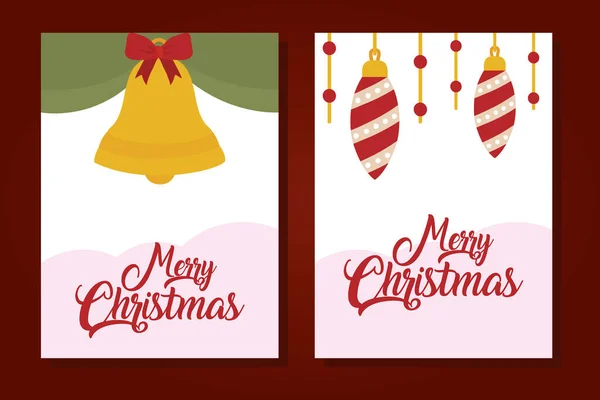 Cartes de Noël joyeux avec boules et cloche de Noël, style handrawn — Image vectorielle