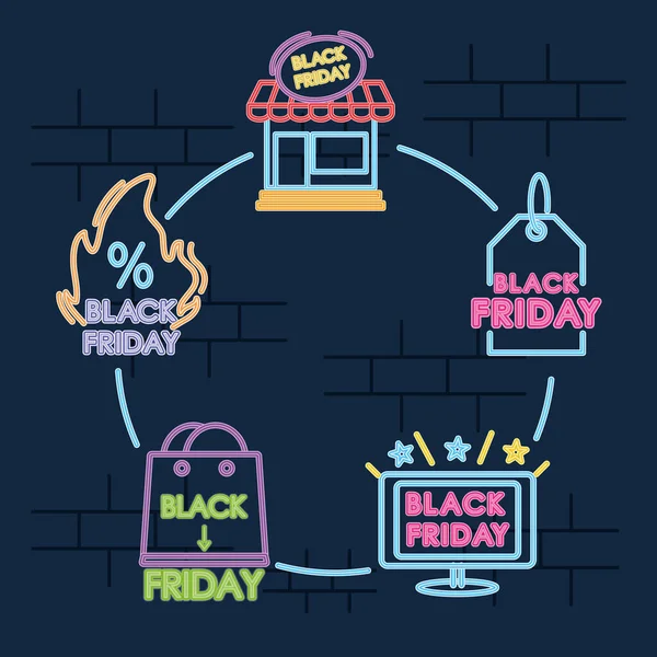 Icon set of black friday designs, colorful neon design — Stock Vector