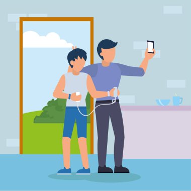 Akıllı telefonlu adamlar oda vektör tasarımında selfie çekiyorlar.