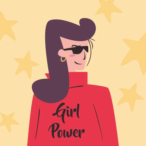 Girl Power Woman Cartoon mit Brille auf Sternenhintergrund Vektor-Design — Stockvektor