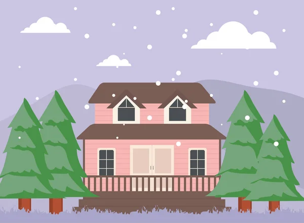 Różowy dom z sosnami w zimie projekt wektora krajobrazu — Wektor stockowy