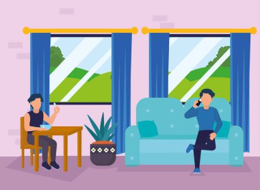 Erkekler kahvaltı yapıyor ve ana oda vektör tasarımı için arıyor.