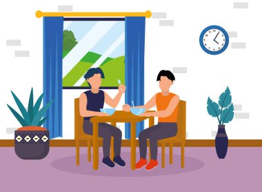 Erkekler kahvaltı gevreğini ana oda vektör tasarımında masaya koyuyorlar.