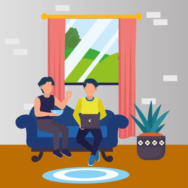 Erkekler kanepede dizüstü bilgisayarlı ve mısır gevreği kaseli, oda vektör tasarımlı.