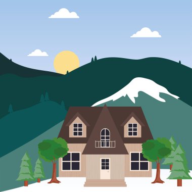 Dağların önündeki pembe ev vektör tasarımı