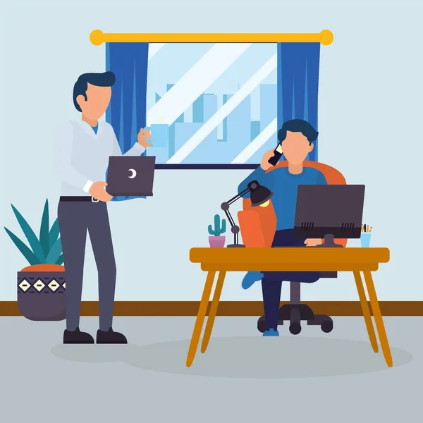 Männer im Büro mit Schreibtisch-Laptop und Computer-Vektor-Design — Stockvektor