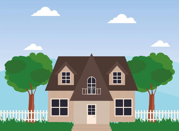 Maison rose avec clôture et arbres design vectoriel — Image vectorielle