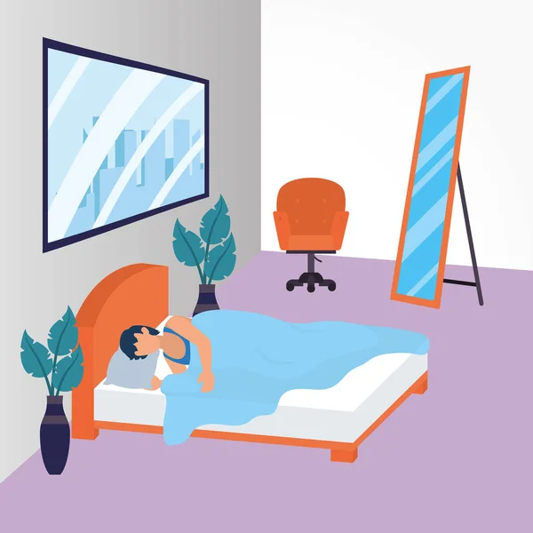 Hombre en casa durmiendo en cama vector de diseño — Vector de stock