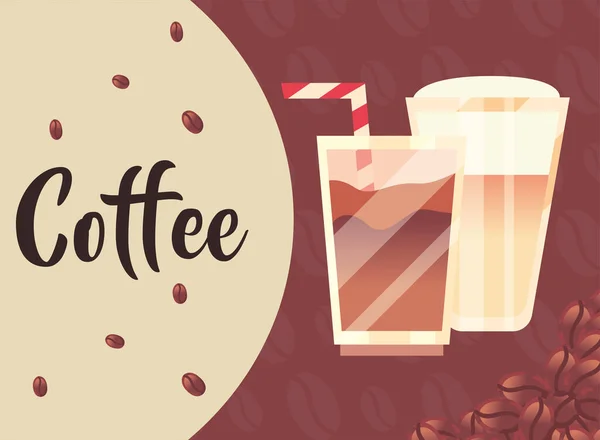 Verres à café avec paille crème et haricots vecteur design — Image vectorielle