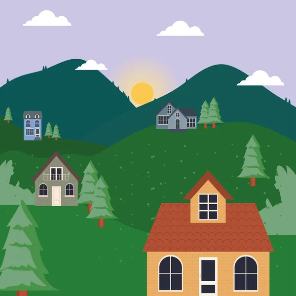 Houses at pine trees landscape vector design — Stock Vector